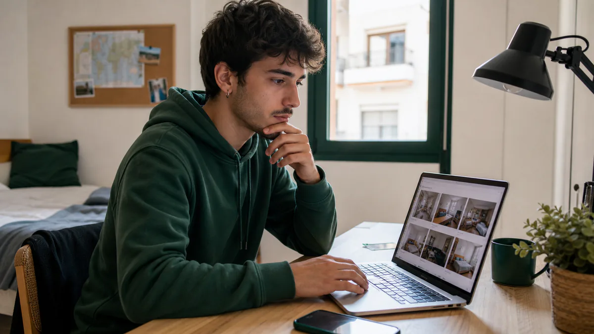 Estudiante revisando un anuncio de habitación antes de alquilar