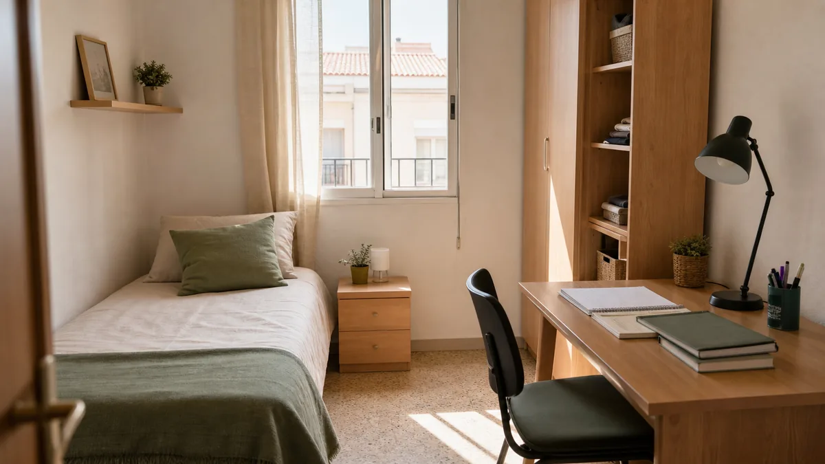 Habitación luminosa para estudiantes en Cartagena con cama y escritorio