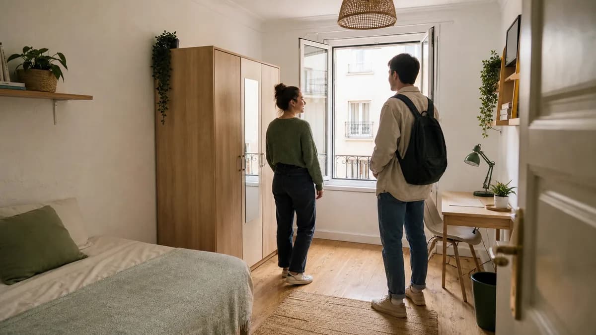 Estudiante visitando y revisando una habitación compartida antes de alquilarla