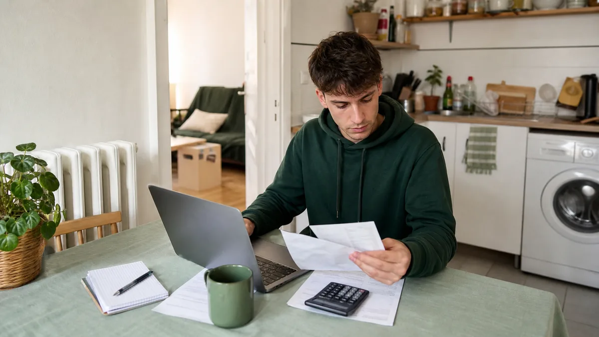 Estudiante calculando los gastos mensuales del alquiler de una habitación