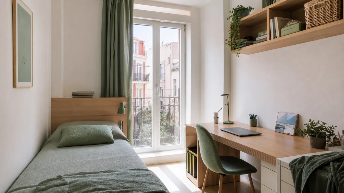 Habitación moderna y luminosa para estudiantes en Cartagena con cama y escritorio