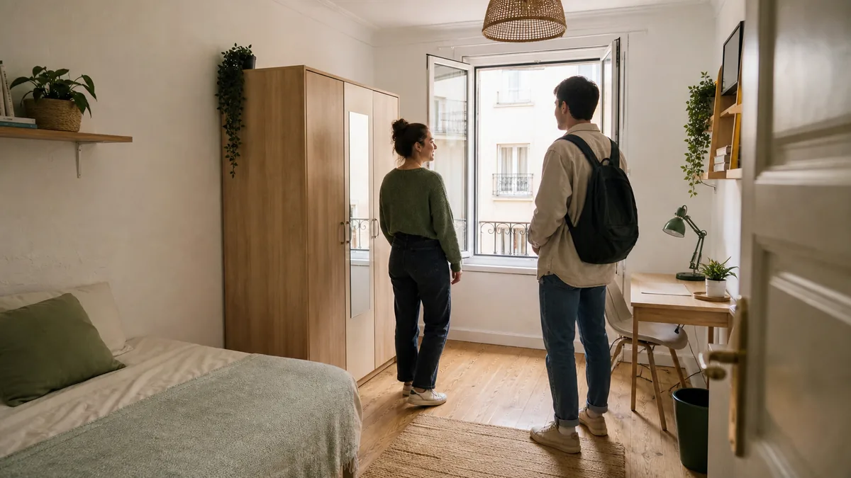 Estudiante visitando y revisando una habitación compartida antes de alquilarla